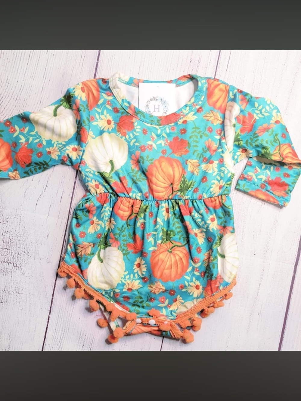 Turquoise Pumpkin Print Pom Trim Baby One-Piece
